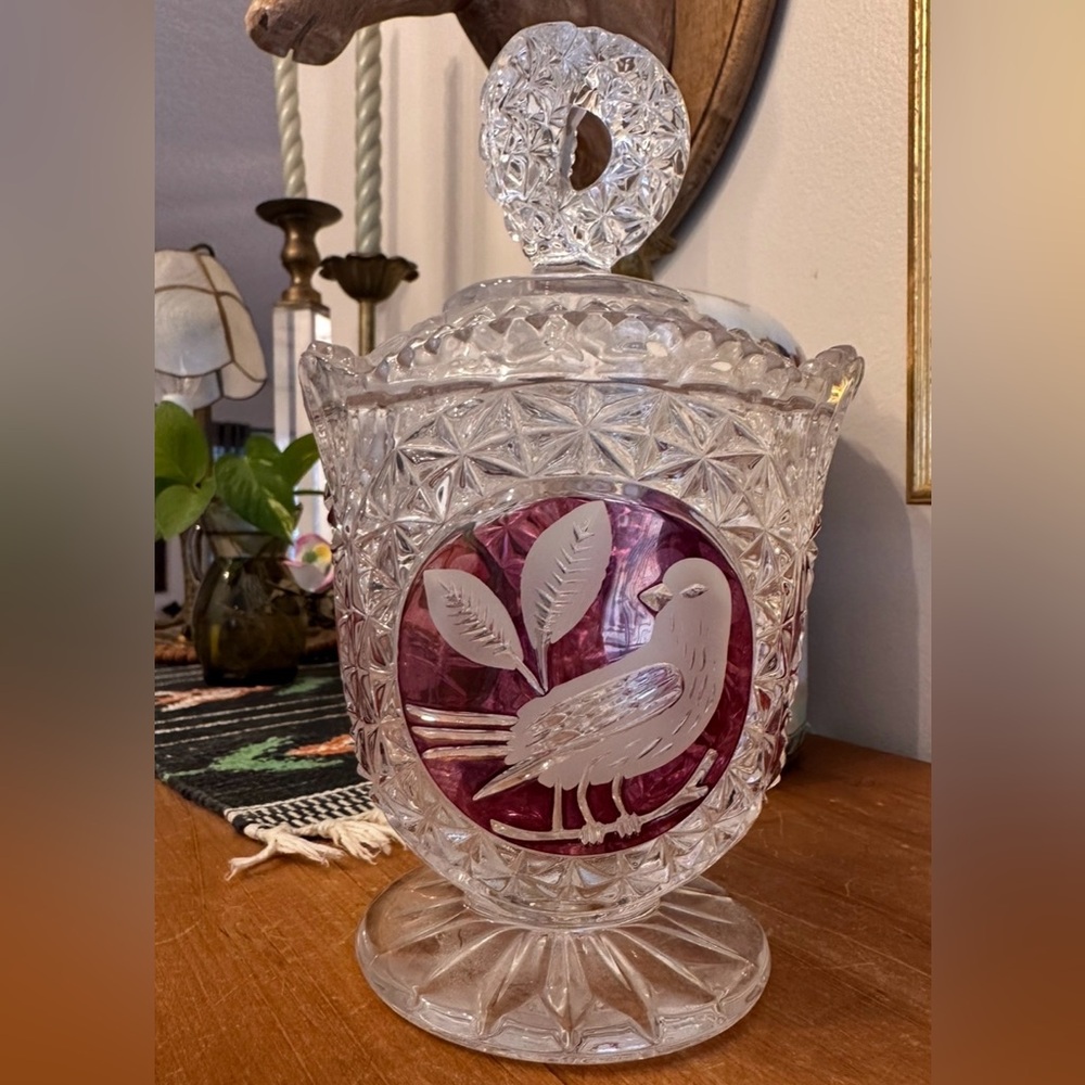 Vintage Hofbauer Byrdes German Etched Glass Candy Jar with Lid Bird and Leaf